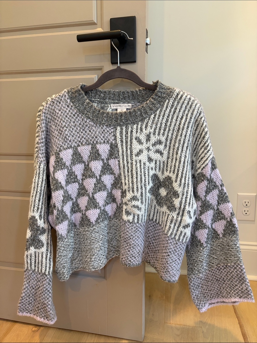 Cropped Bell Sleeve Patchwork Knit Sweater - Lavender & Gray